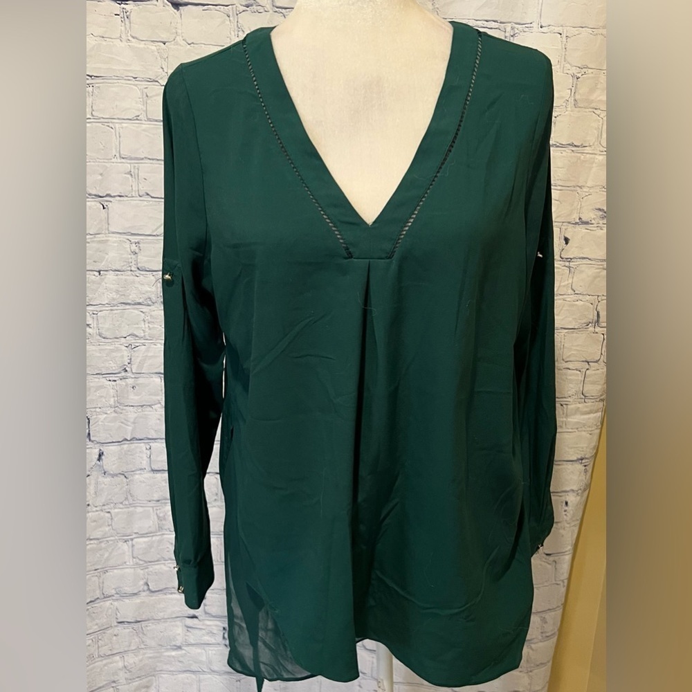 WHITE HOUSE BLACK MARKET Green Notch Neck Asymmetrical Tunic Top size 10